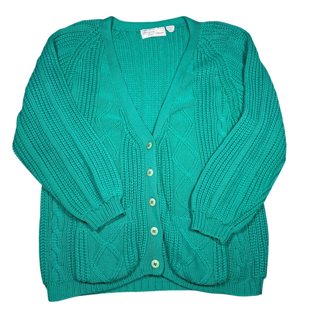 VTG American Line by Stefano Teal Green Cable Knit Cardigan Sweater Womens 20W